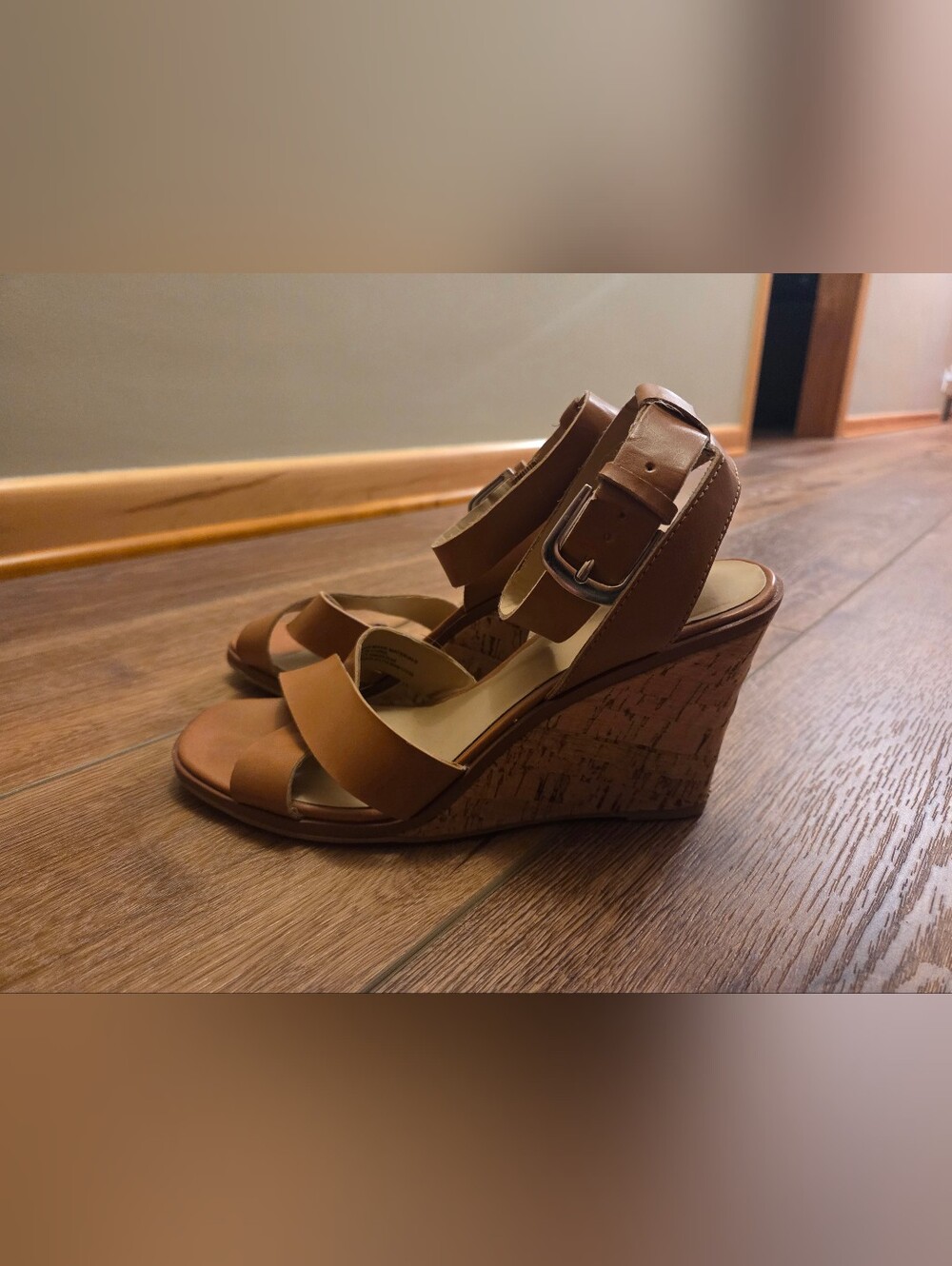 a new day Tan Cork Wedge Sandals with Buckle Ankle Strap